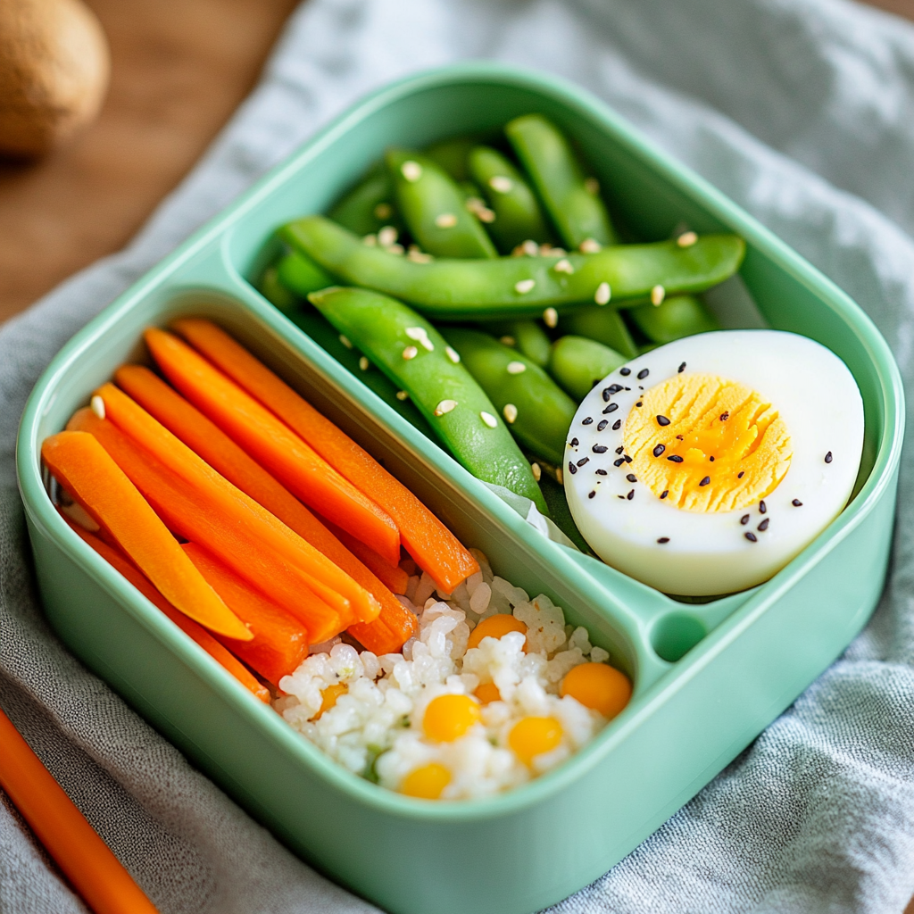 Cold lunch idea for kindergarteners featuring a boiled egg, snap peas, baby carrots, and rice in a bento box.