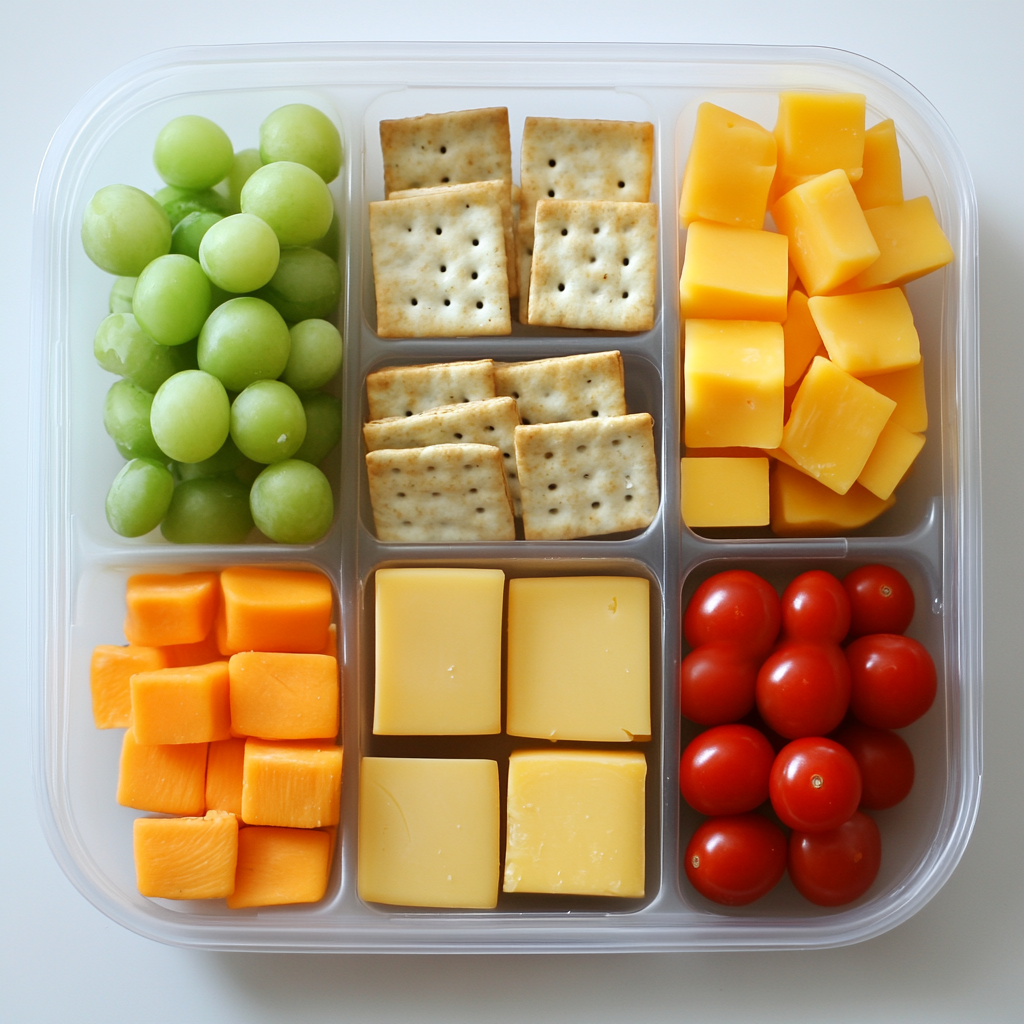 Kids lunch box idea with cheddar cheese cubes, crackers, grapes, and cherry tomatoes for school lunch.