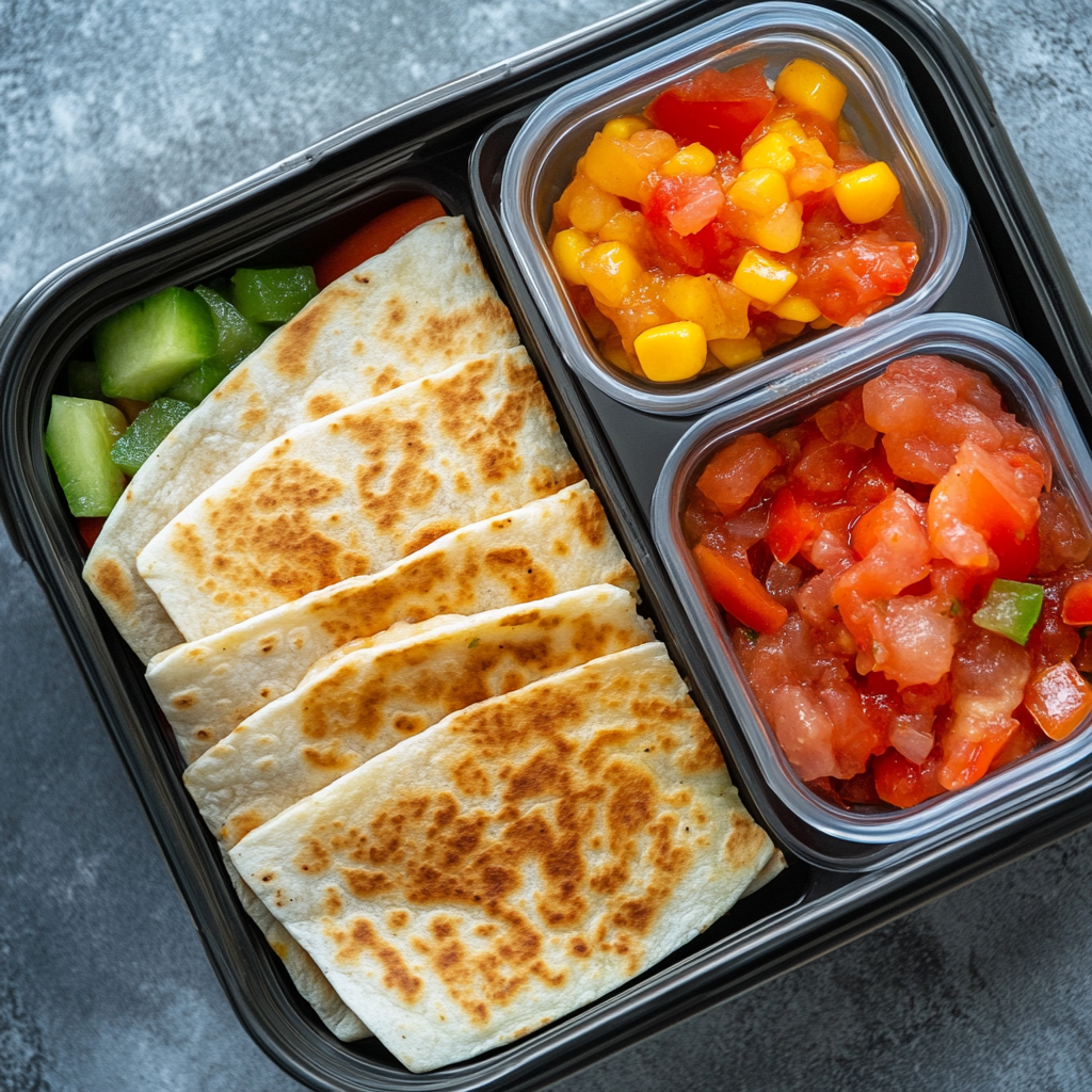 Cheese quesadilla with salsa and fresh veggies, a fun and easy lunch idea for kids.