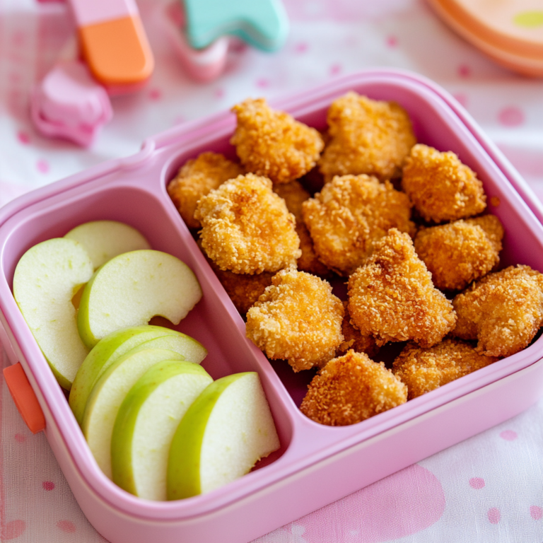 Nut-free lunch for kindergarteners with crispy chicken nuggets and apple slices in a pink lunch box.