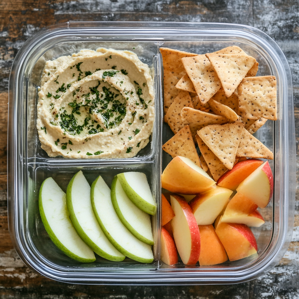 Lunch idea for picky eaters with hummus, pita chips, and apple slices for a balanced, nut-free school lunch.