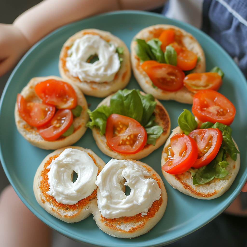 Mini bagels with cream cheese, fresh lettuce, and cherry tomatoes, a healthy lunch for kids.