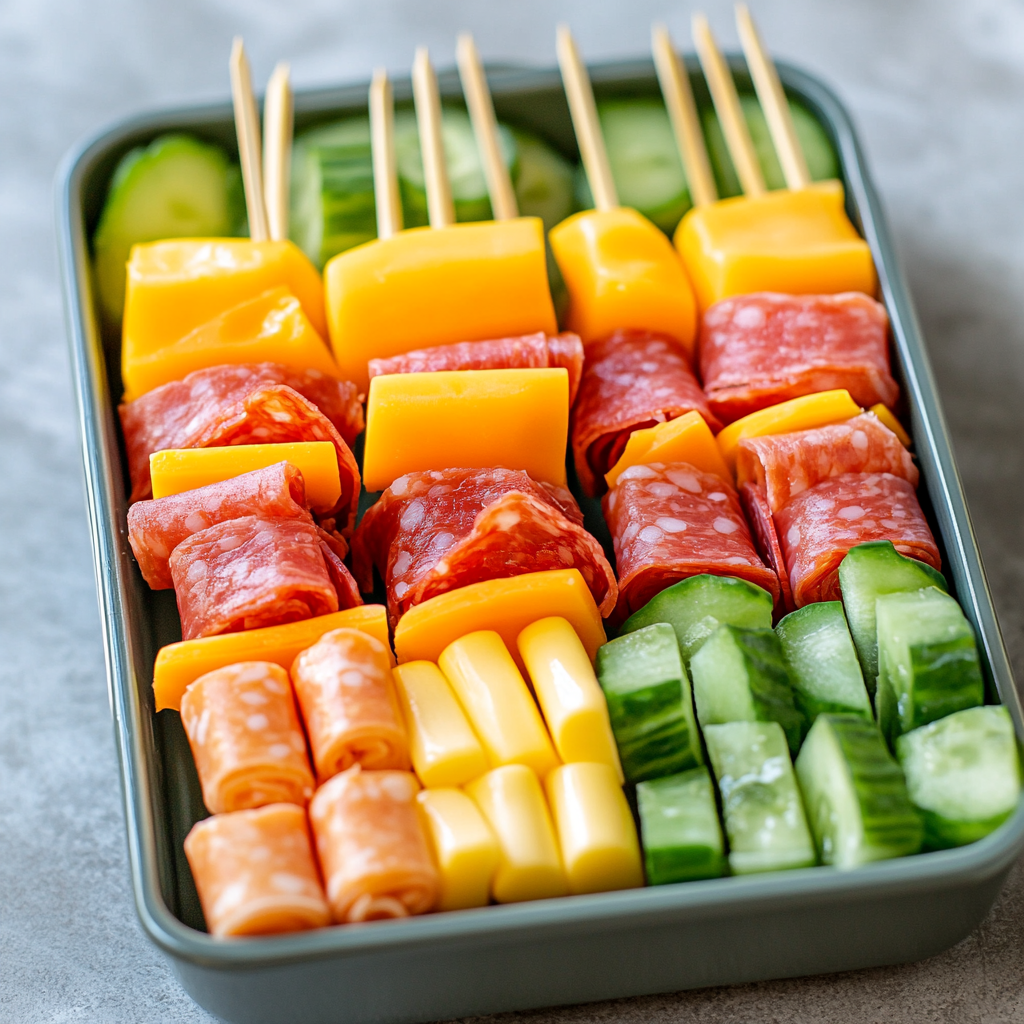 Bento box idea with mini kabobs made of deli meats, cheddar cheese, and cucumber slices for kids' school lunch.