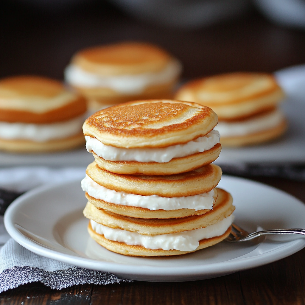 Mini pancake sandwiches with cream cheese, a creative and fun school lunch idea for picky eaters.