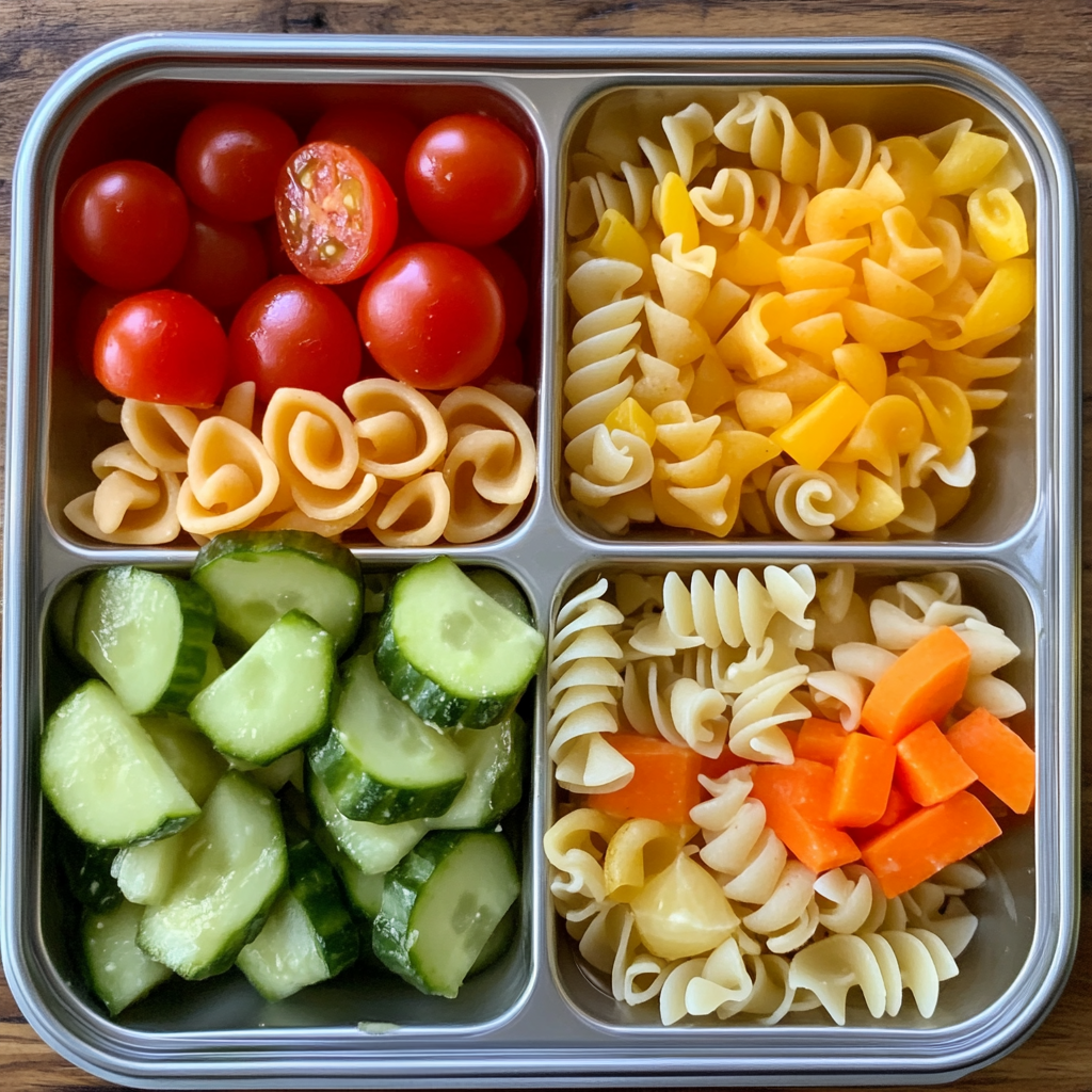 Colorful pasta salad with cherry tomatoes, cucumbers, and cheddar cheese, an easy lunch idea for kids.