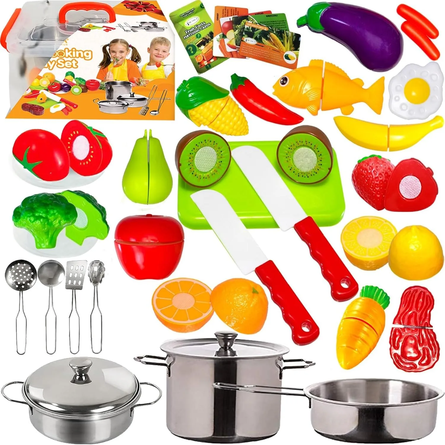 Best Educational Toys for 2 Year Olds in 2025 11 A vibrant pretend play food set with colorful fruits, vegetables, and kitchen utensils, ideal toys for 2 year olds to explore cooking fun.