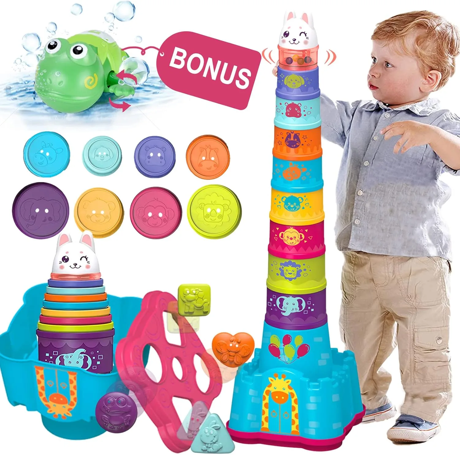 Best Educational Toys for 2 Year Olds in 2025 3 Brightly colored stacking cups with animal designs, offering fun and developmental play for toddlers, amazing toys for 2 year olds.