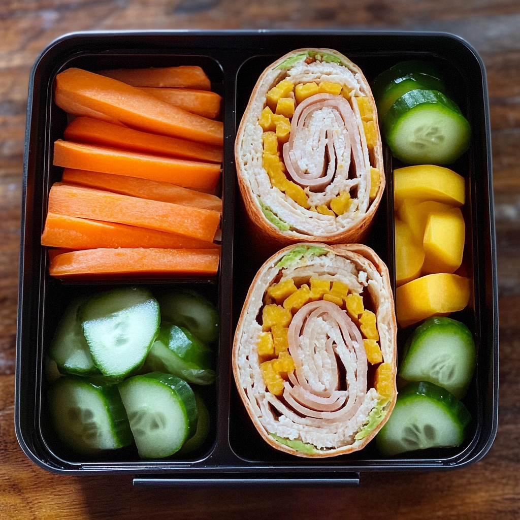 Bento box with turkey and cheese wraps, carrot sticks, cucumber slices, and bell peppers, a perfect cold lunch idea for kindergarteners.