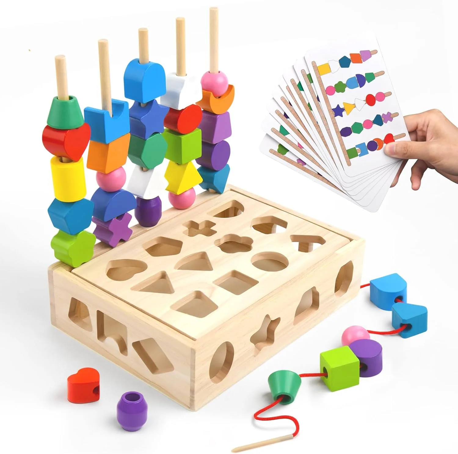 Best Educational Toys for 2 Year Olds in 2025 2 A wooden shape sorter with vibrant shapes and matching cards, ideal for teaching patterns and shapes to 2 year olds.