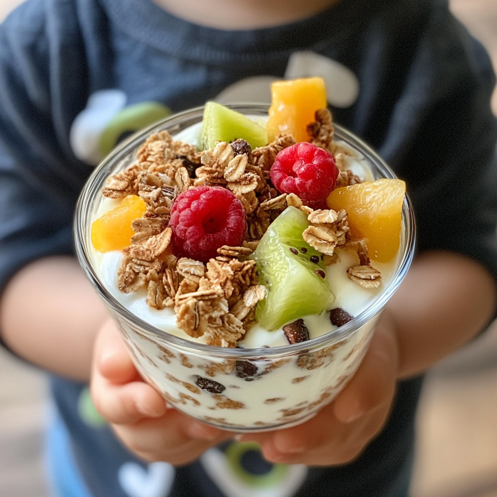 Kid-friendly yogurt parfait topped with granola, kiwi, raspberries, and peaches, a fun and healthy lunch idea for picky eaters.