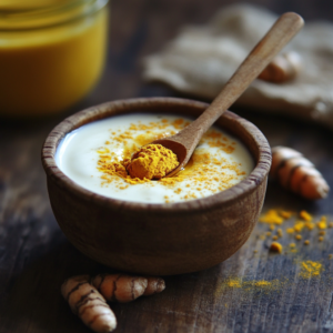 A simple homemade face mask for glowing skin made with turmeric and yogurt in a wooden bowl, showcasing natural face mask ingredients.