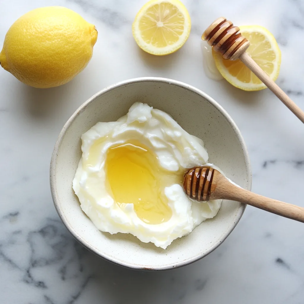  natural face mask for tightening skin made with honey, egg whites, and fresh lemon juice, displayed in a white bowl.