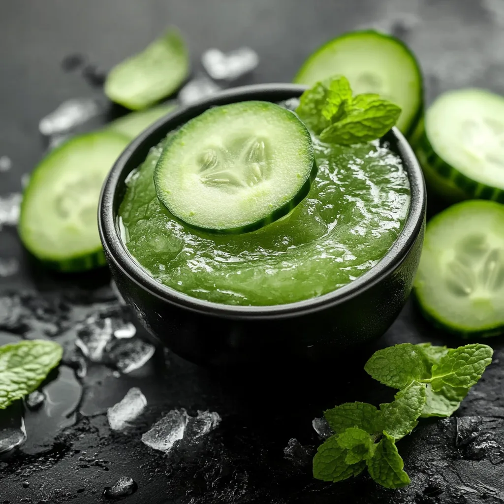 A soothing homemade face mask made with fresh cucumber, aloe vera gel, and mint leaves for cooling and hydration.