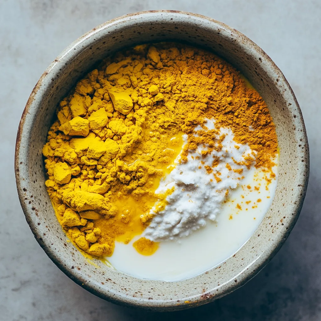 A homemade face mask made with turmeric, milk, and gram flour in a ceramic bowl, perfect for brightening and soothing skin naturally.