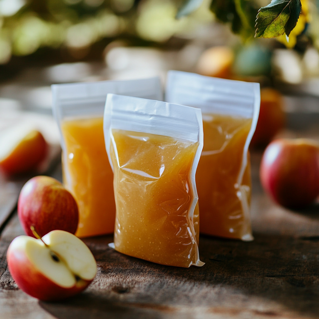 Portable apple sauce pouches, a kid-friendly and mess-free treat for road trips.