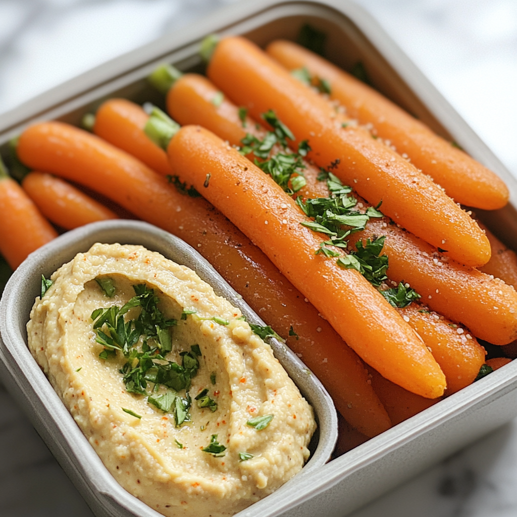 Baby carrots with a side of hummus, a nutritious and satisfying healthy travel snack perfect for family road trips.