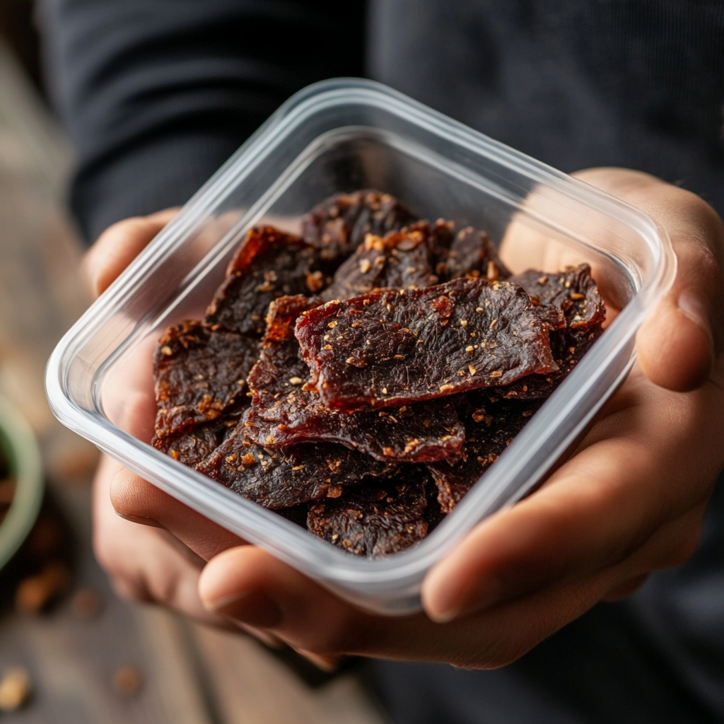 A container of beef jerky, a chewy and protein-packed healthy travel snack perfect for long road trips.