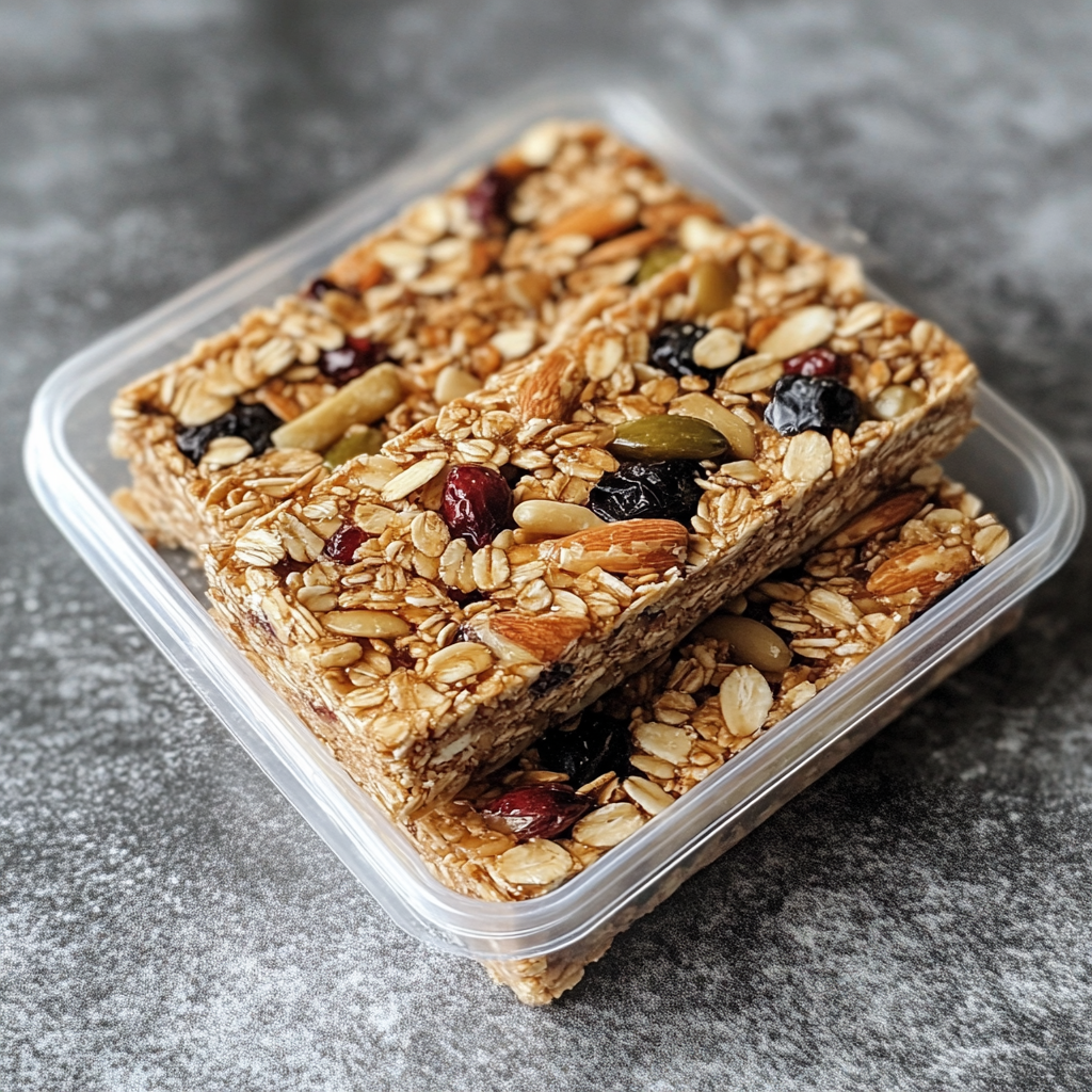 Homemade breakfast bars packed with oats and dried fruits, a travel snack for morning energy.