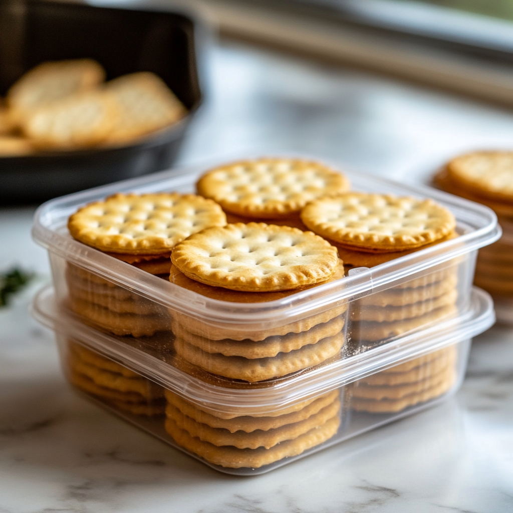 Stacked cheese crackers in a clear container, a kid-friendly and satisfying travel snack for road trips. 