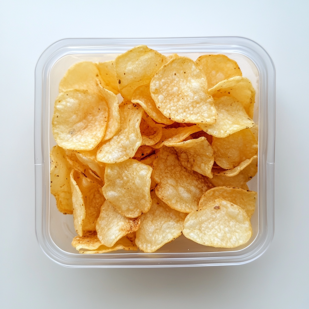 A clear container filled with potato chips, a classic and indulgent healthy travel snack for road trips in moderation.