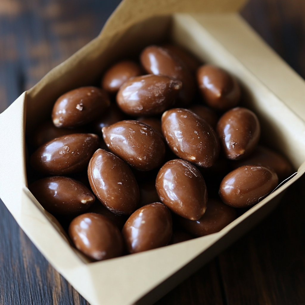 A box of chocolate-covered almonds, a sweet yet protein-rich healthy travel snack for family road trips and outings.