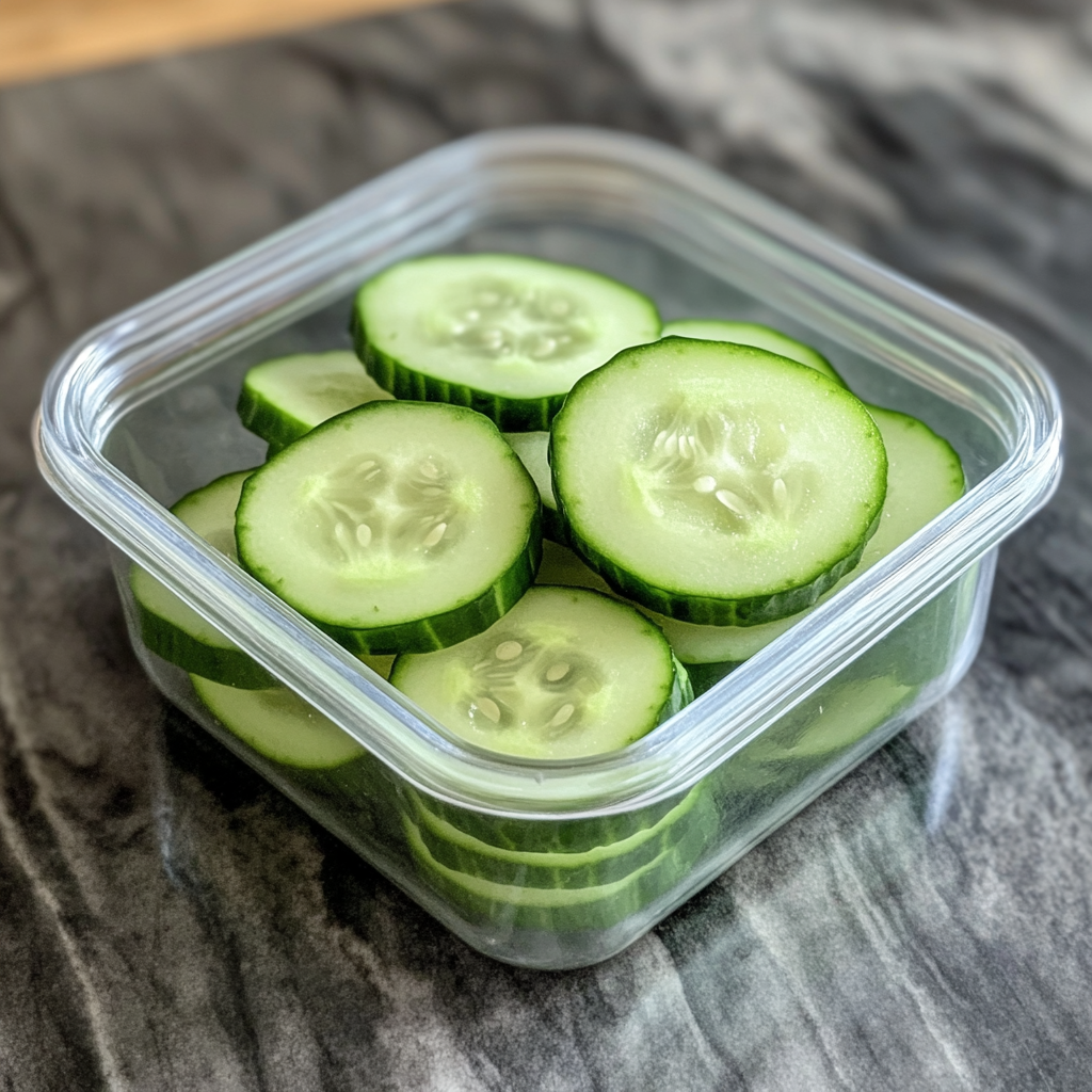 Fresh cucumber slices in a clear container, a hydrating and easy-to-pack healthy travel snack for road trips and family outings.