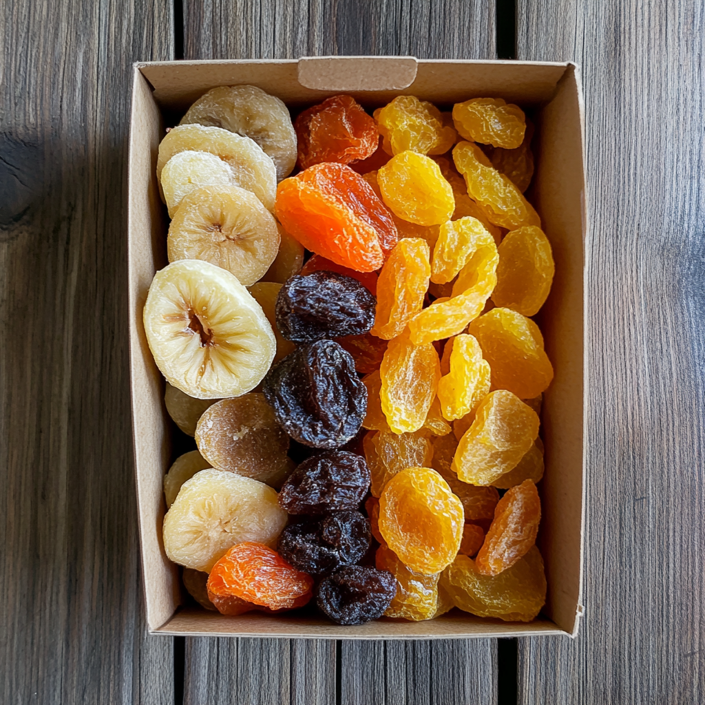 A box of assorted dried fruits including apricots, bananas, and raisins, a naturally sweet and mess-free healthy travel snack for road trips.