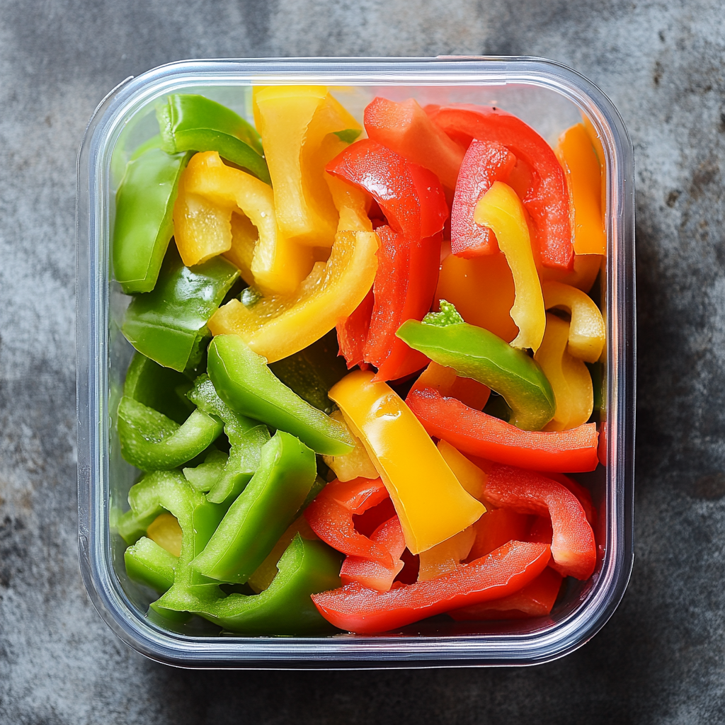 Brightly colored slices of fresh bell peppers in a container, a hydrating and vitamin-rich healthy travel snack for road trips.