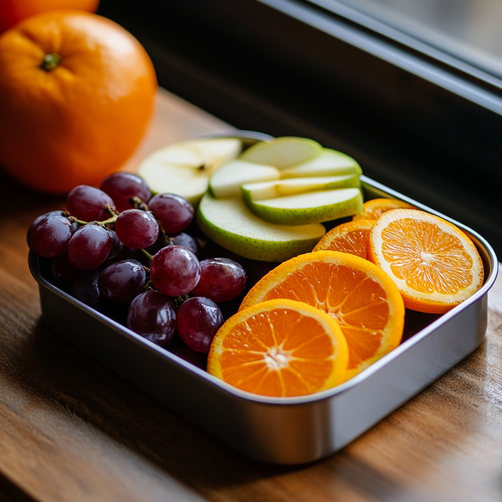 A container filled with fresh fruits including apple slices, grapes, and orange slices, a refreshing healthy travel snack for road trips.