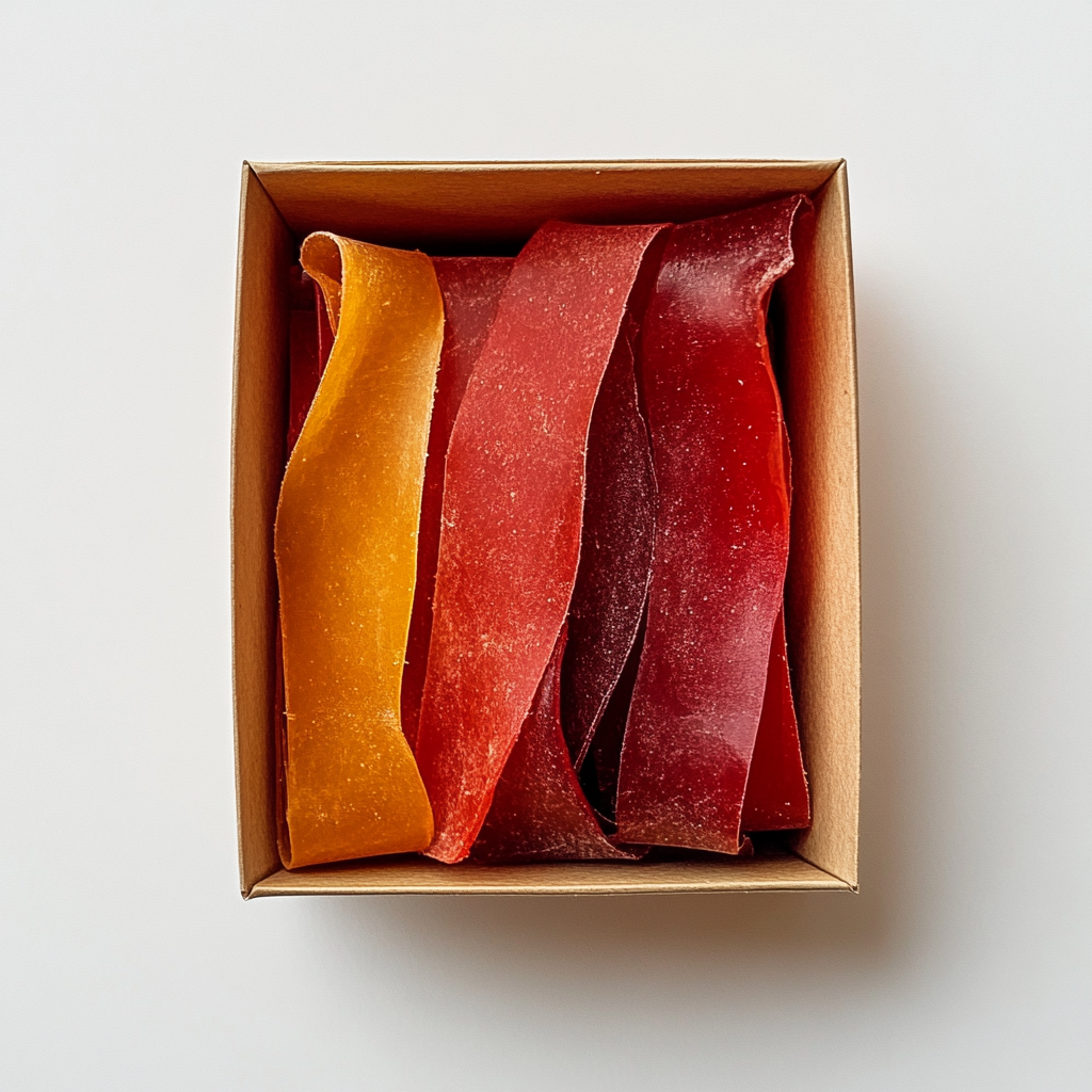 A box of colorful fruit leather strips, a chewy and portable healthy travel snack for road trips and family adventures.