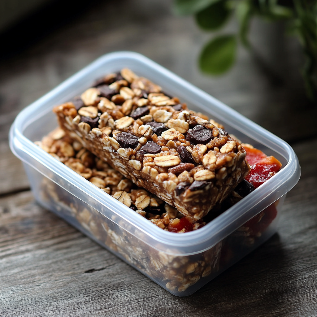 A container of granola bars with chocolate chips, a wholesome and filling healthy travel snack for road trips and busy family days.