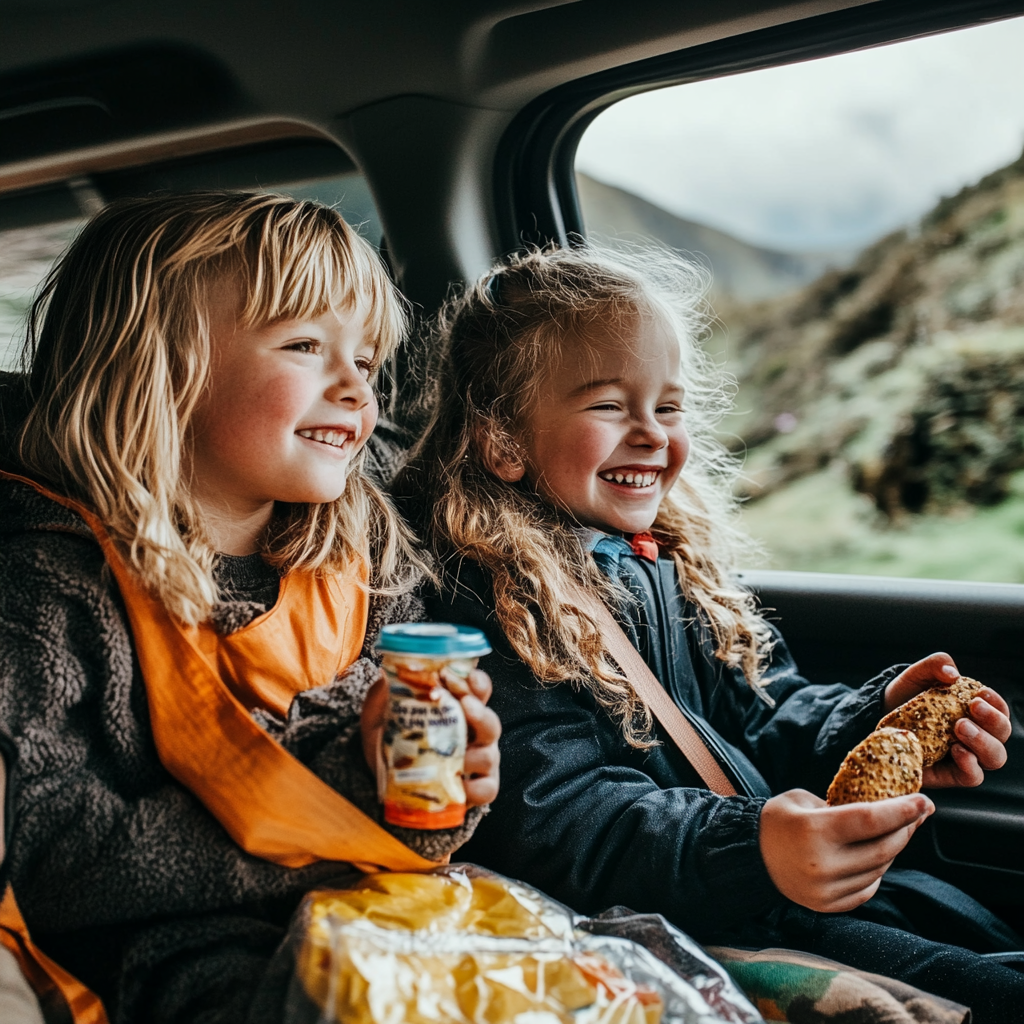 Two smiling children enjoying healthy travel snacks inside a car during a road trip, with one holding a granola bar and another holding a jar of snacks, bright and cheerful atmosphere.