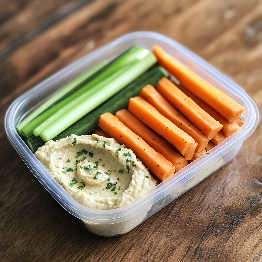 Colorful veggie sticks with a serving of creamy hummus, a filling and flavorful snack option.