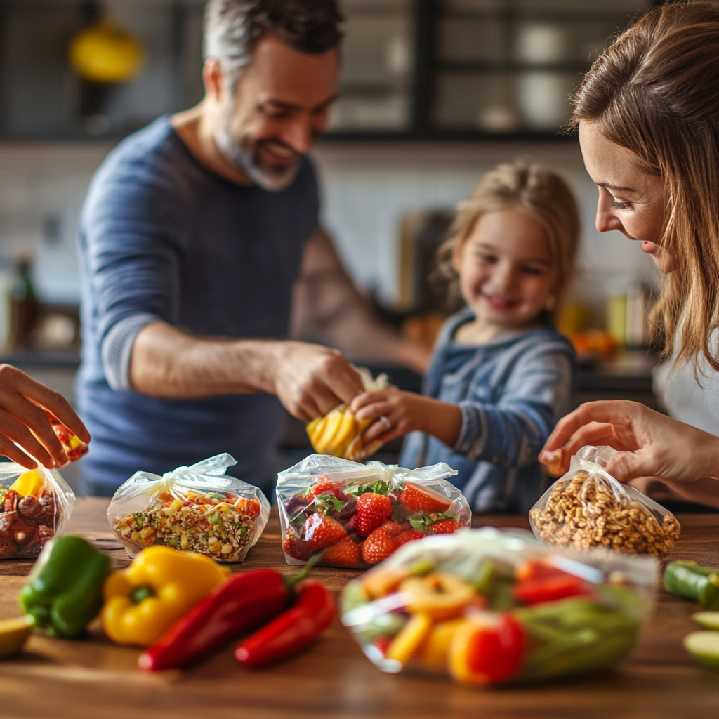 A family packing healthy travel snacks in reusable bags, featuring fresh fruits like strawberries, bell peppers, and granola bars, in a cozy kitchen setting with natural lighting.