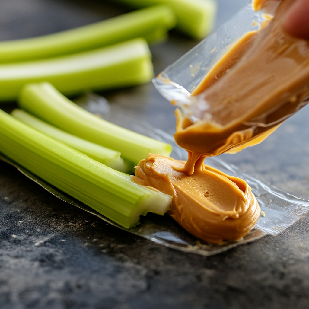 Nut butter packets with celery sticks, a portable and protein-rich healthy travel snack for road trips and family outings.