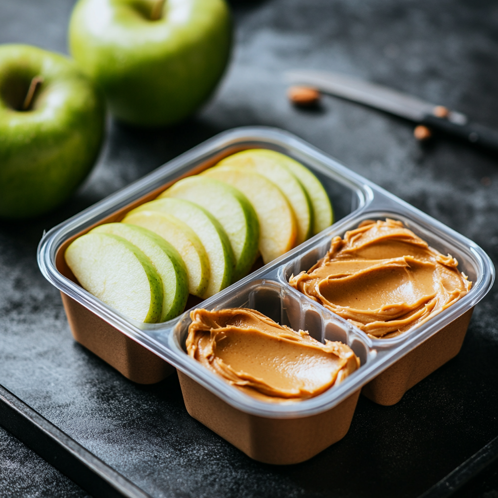 Fresh apple slices paired with creamy peanut butter, a simple and satisfying healthy travel snack for families on the go.