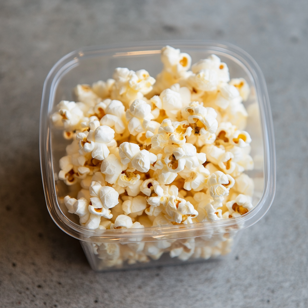 A container of air-popped popcorn, a light and crunchy healthy travel snack perfect for family road trips.