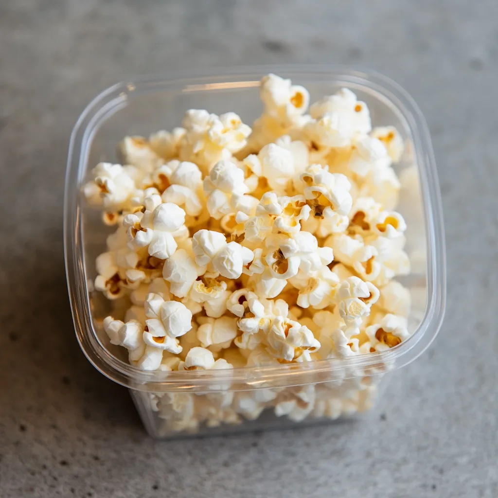 A container of air-popped popcorn, a light and crunchy healthy travel snack perfect for family road trips.