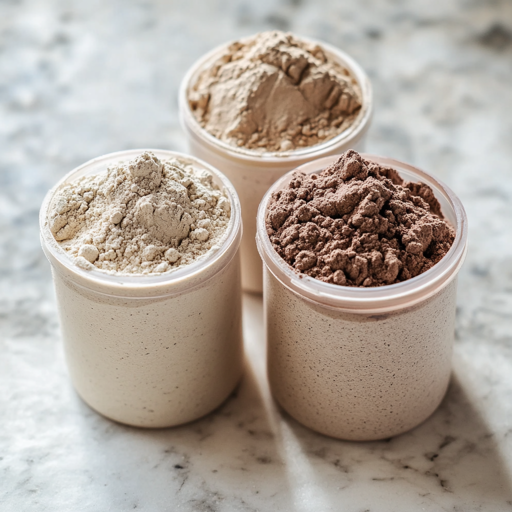 Three containers of vanilla and chocolate protein powder, a versatile healthy travel snack to mix with water or milk on the road.