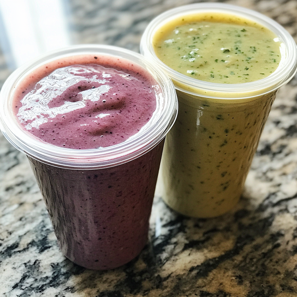 Two portable smoothies in vibrant colors, perfect for a refreshing boost.