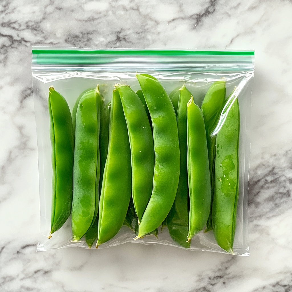 Fresh snap peas packed in a resealable bag, a crunchy and mess-free healthy travel snack for families on the go.