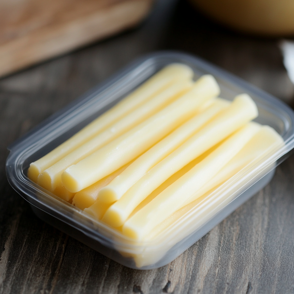 Freshly packed string cheese sticks, a protein-rich and portable snack for kids and adults.