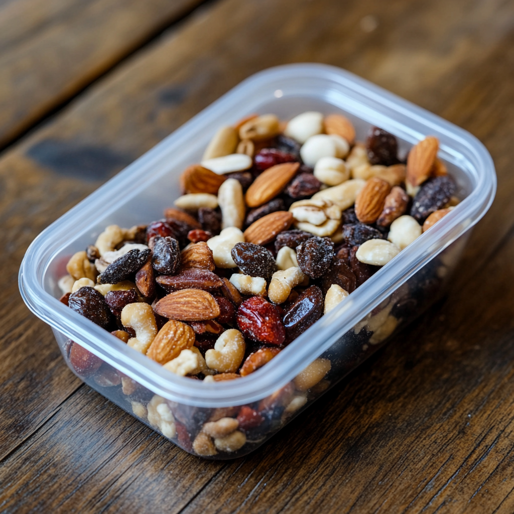 A container of trail mix with nuts, raisins, and dried fruits, a customizable and protein-packed healthy travel snack for road trips.