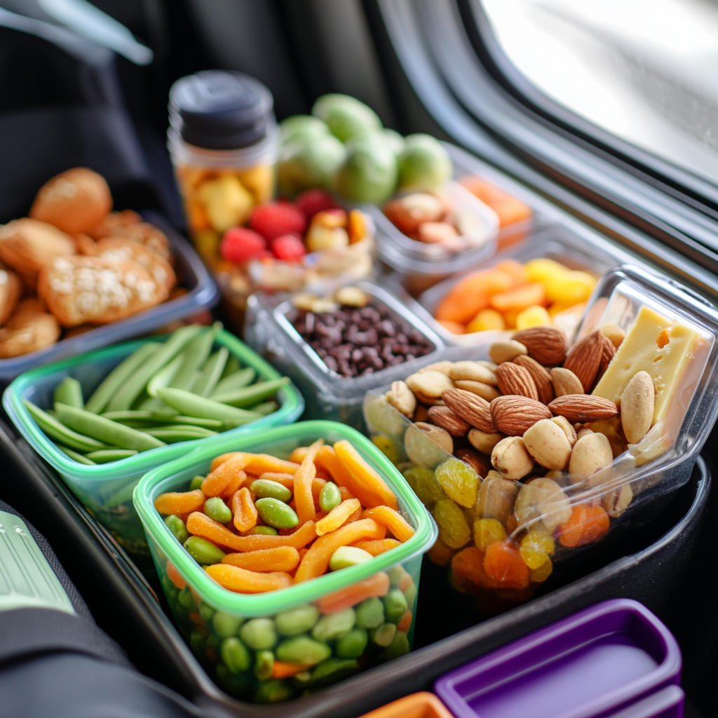 An organized assortment of healthy travel snacks in reusable containers, including fresh fruits, snap peas, almonds, dried fruit, and cheese, placed on a car seat during a family road trip.