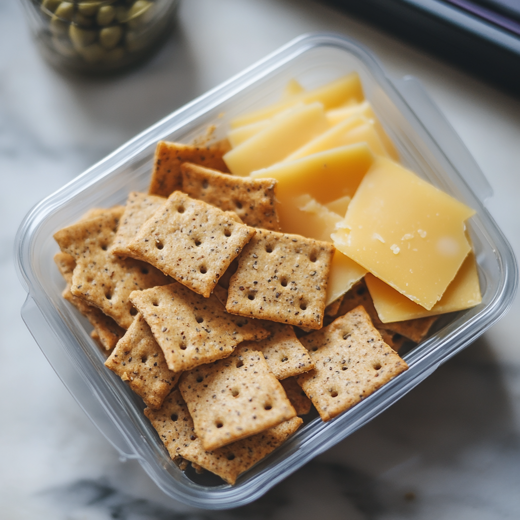 Whole-grain crackers paired with cheese slices, a savory and satisfying snack.