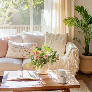 Bright and cozy living room with soft natural light, an open journal, a cup of tea, and fresh flowers on a wooden coffee table, creating a peaceful space for mindfulness techniques for anxiety and mindfulness activities for anxiety.