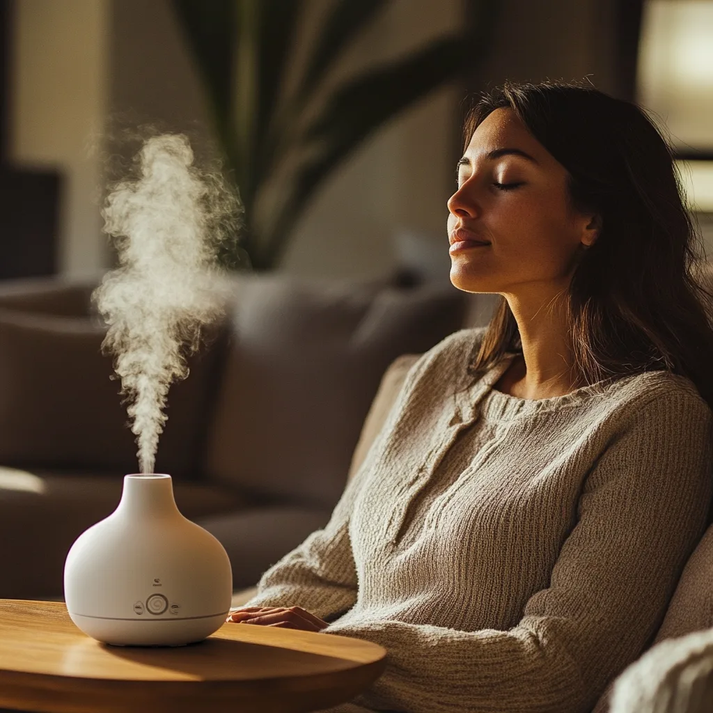 a mom using aromatherapy to reduce her stress and anxiety