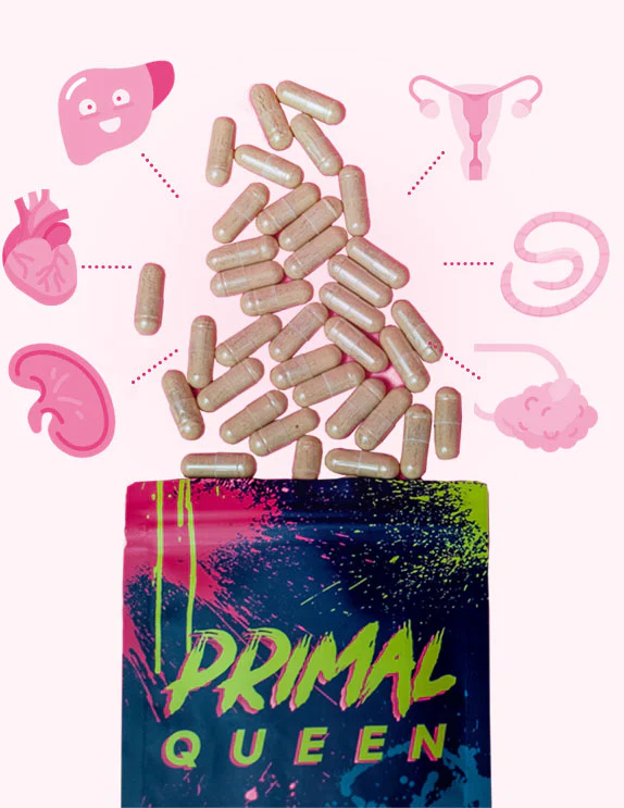 Beef organ supplements pouch and jar with scattered capsules on a pastel pink background, emphasizing the natural and nutrient-dense formula.