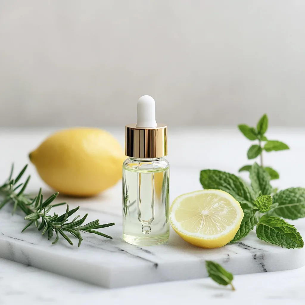 10 Essential Oil Blends for Anxiety and Panic Attacks 10 A transparent dropper bottle of essential oil blends for anxiety, placed on a white marble surface. Fresh peppermint leaves, rosemary sprigs, and sliced lemons surround it, supporting anxiety relief and mental clarity.