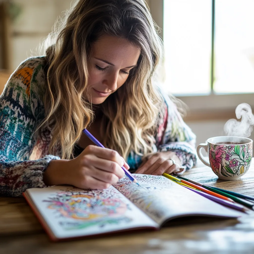 A woman peacefully coloring an intricate design in an adult coloring book, surrounded by colored pencils and a warm cup of tea, creating a calming and meditative atmosphere for stress relief.